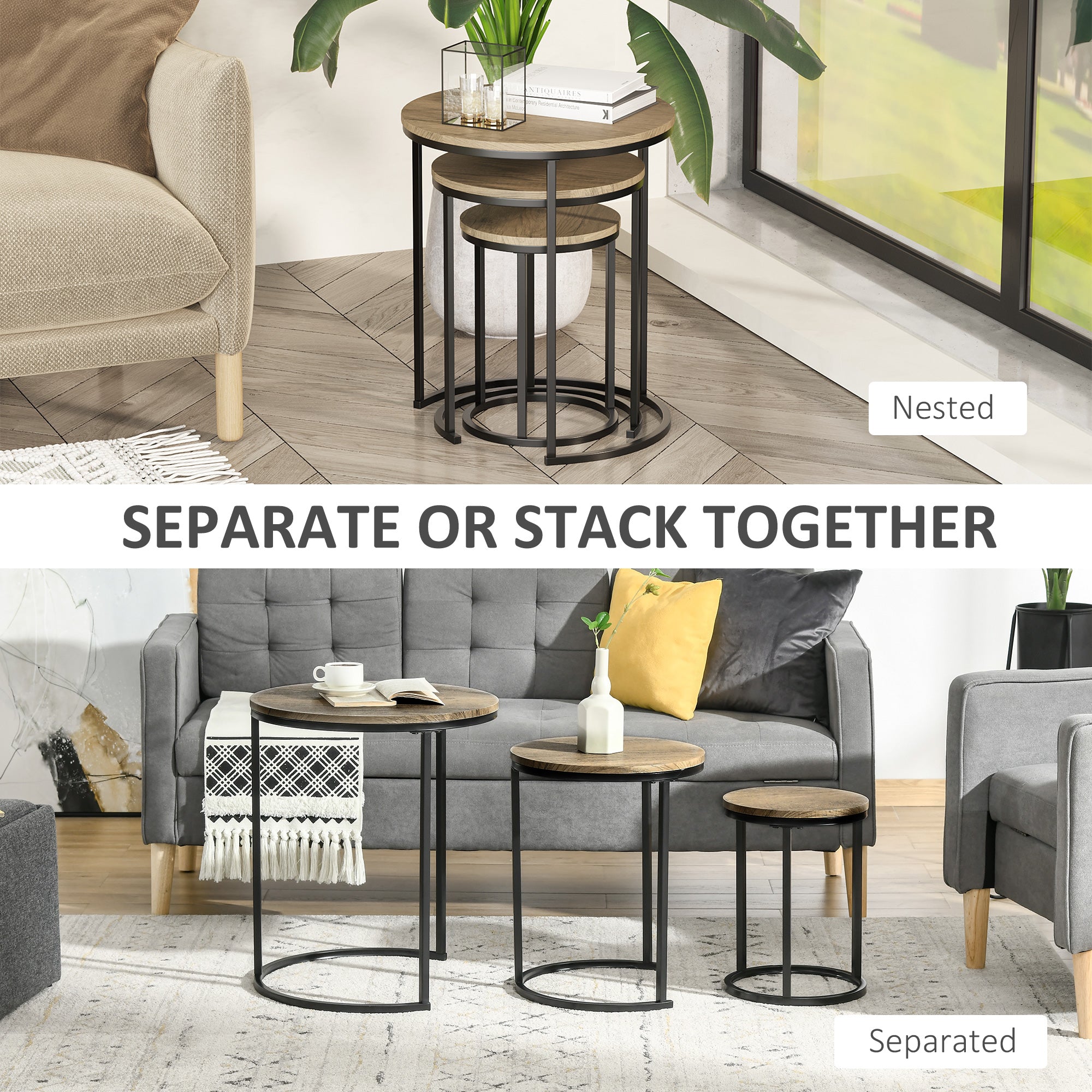 HOMCOM Modish Stacking Tables: Set of 3 Modern Nesting End Tables with Woodgrain Steel Frame for Living Room, Natural Wood 