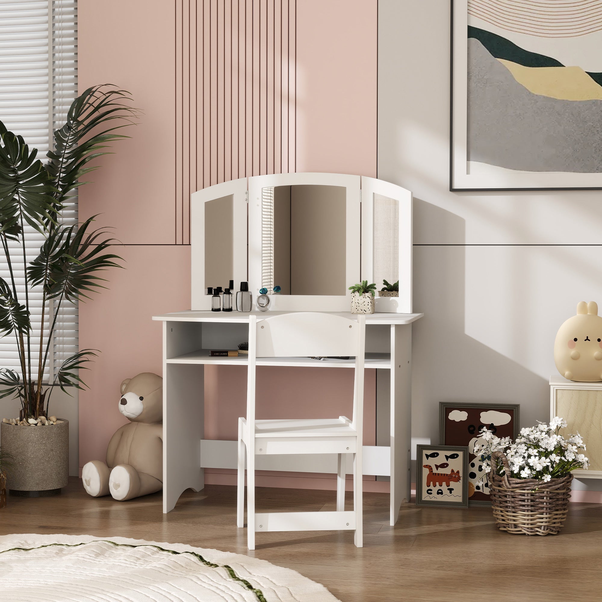 Qaba 2 in 1 Kids Vanity Set Makeup Dressing Table Pretend Play Set with Tri-Folding Mirror, Stool, Storage Shelf 