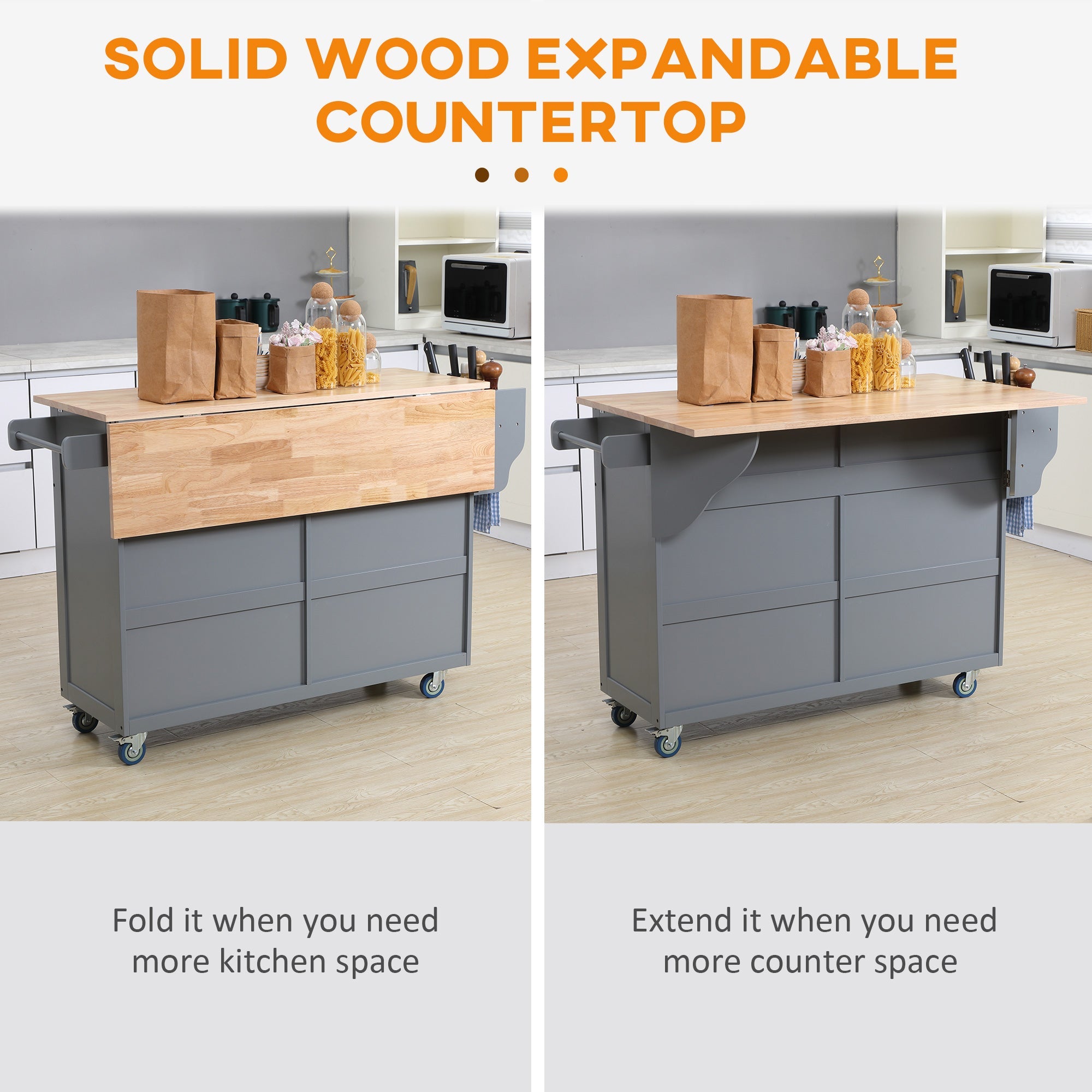 HOMCOM Rolling Kitchen Island: Drop-Leaf Wood Top, Drawers & Cabinets for Extra Storage, Grey 