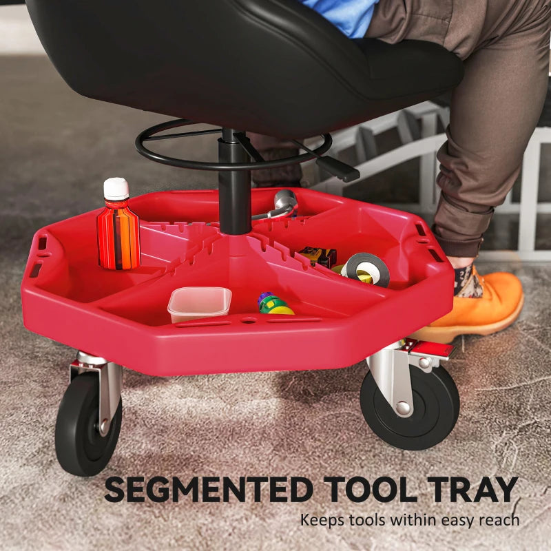 Rolling Garage Stool, 300 LBS Capacity Mechanic Stool with 5" Wheels, Tool Tray Storage, Adjustable Height, Red