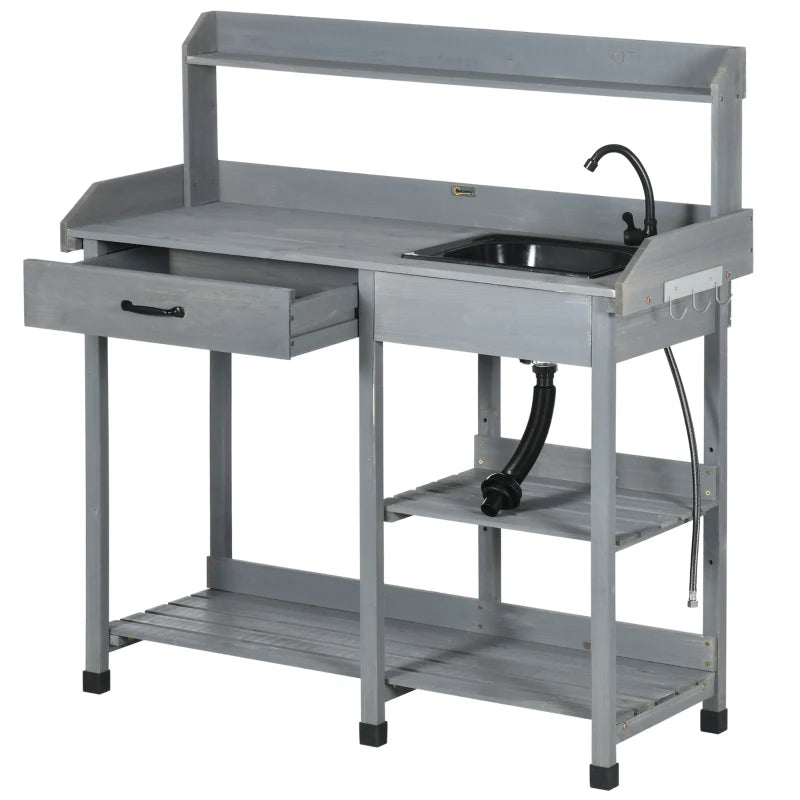 Potting Bench Table Garden Work Bench Workstation with Drawer, Removable Sink and Hooks, 45.3" x 17.7" x 48.4", Grey