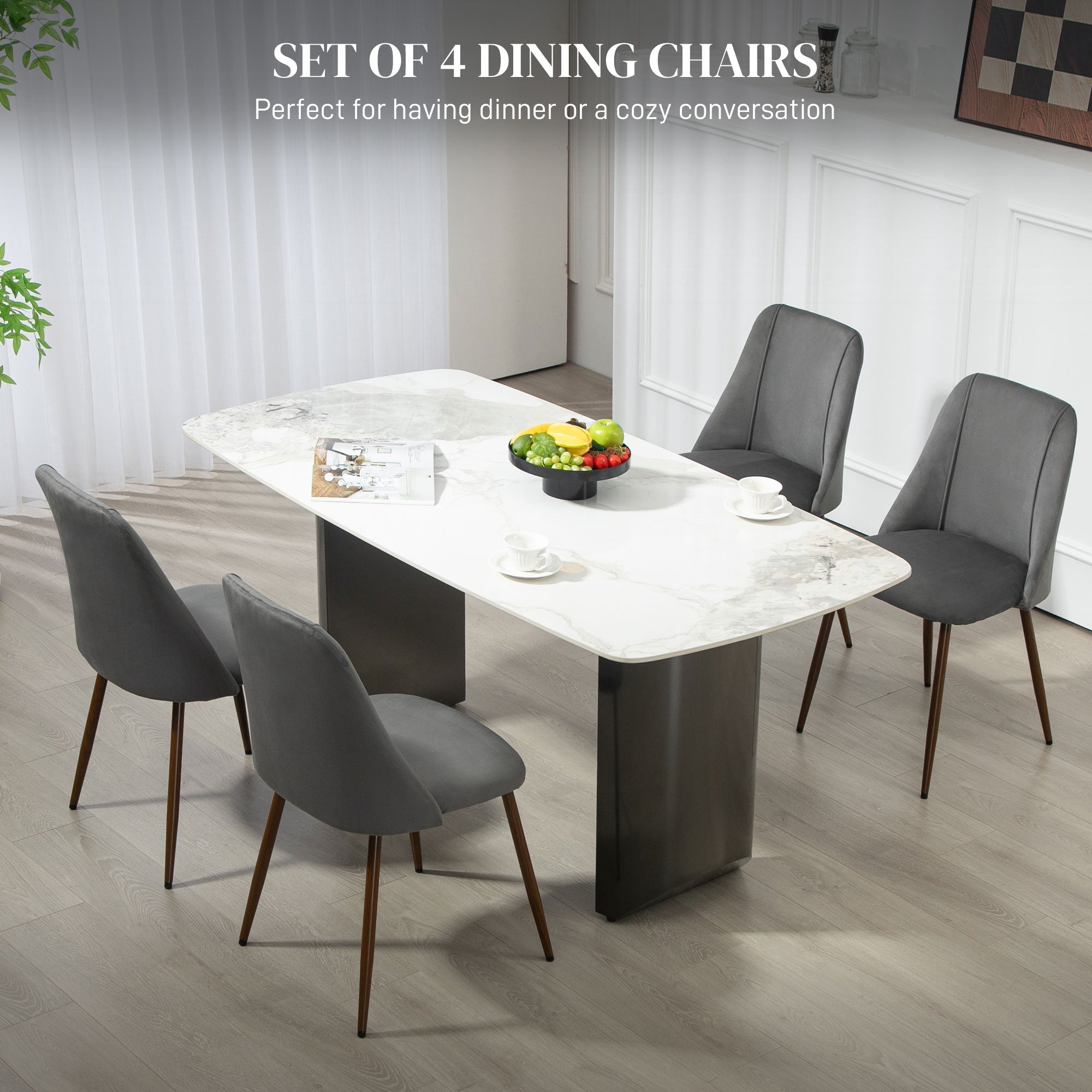 HOMCOM Upholstered Dining Chairs Set of 4, Velvet Accent Chair with Back and Wood-grain Steel Leg for Kitchen, Dark Grey 