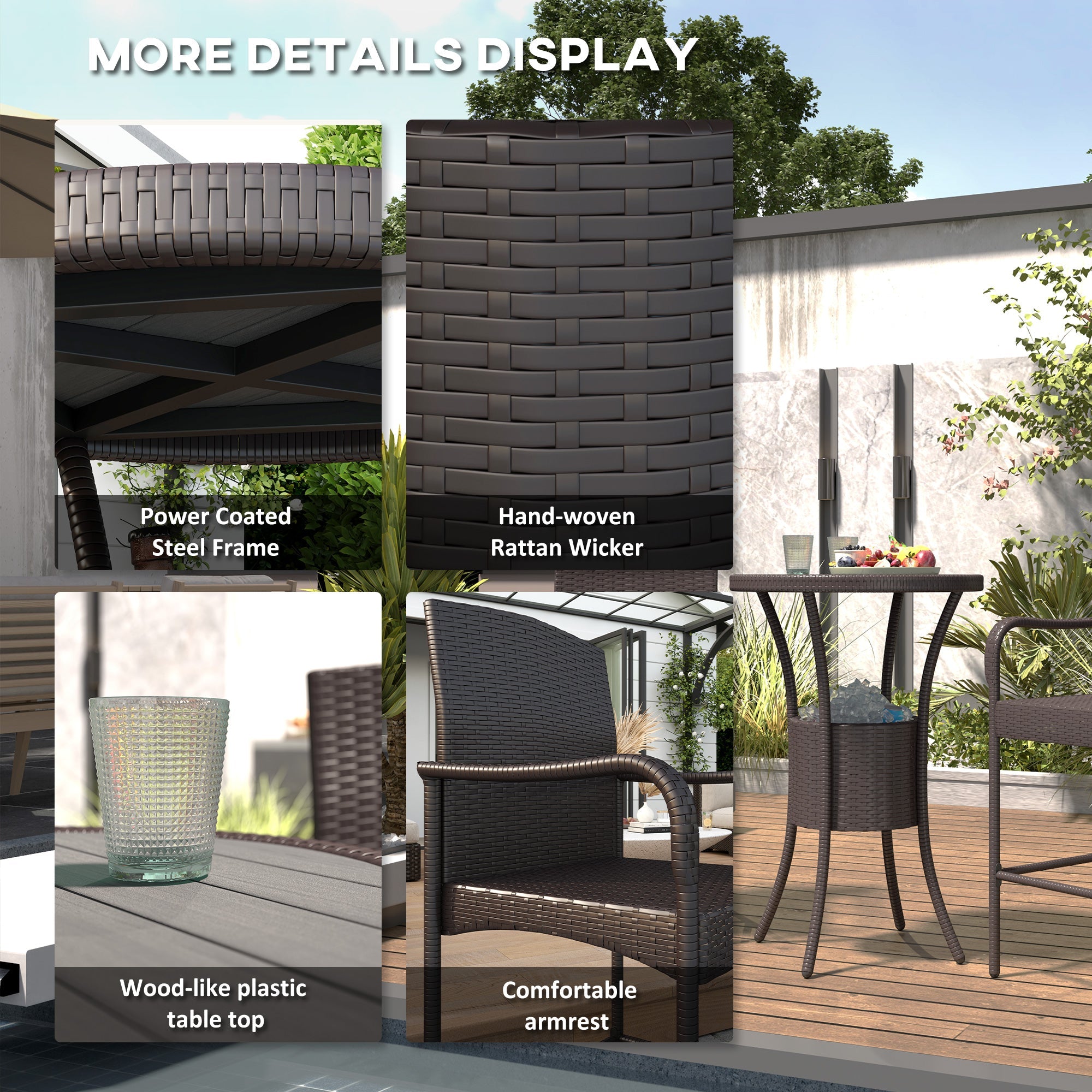 Outsunny 3 Pieces Patio Bar Set Rattan Bistro Table and High Chairs Garden Wicker Outdoor Conversation Furniture, Brown 