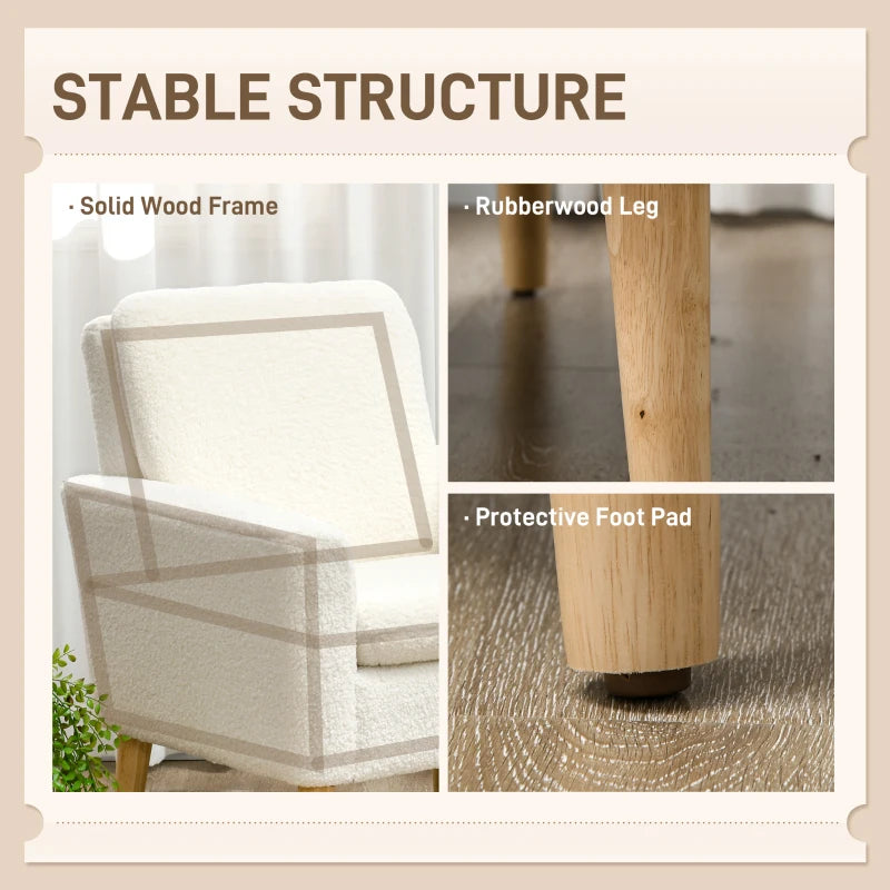 Fabric Accent Chair, Modern Upholstered Armchair with Wood Legs and Wide Padded Seat, Cream White