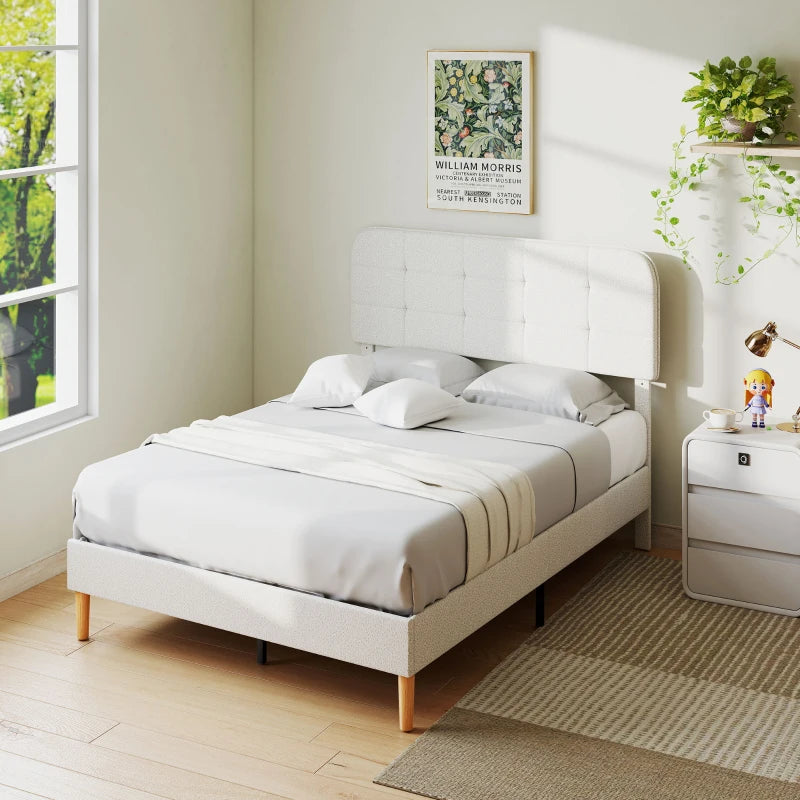 Queen Size Bed Frame with Adjustable Headboard Upholstered Platform Bed Frame with Wood Slat Support Noise Free White