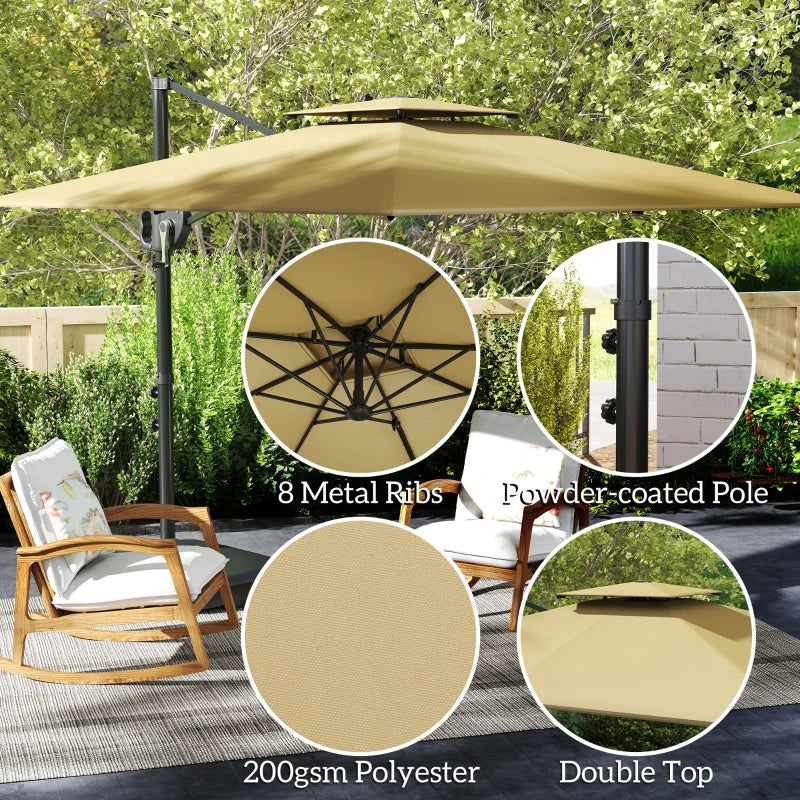 Square Cantilever Patio Umbrella, Double Top Patio Hanging Offset Umbrella with Crank & Tilt, 8' x 9', khaki