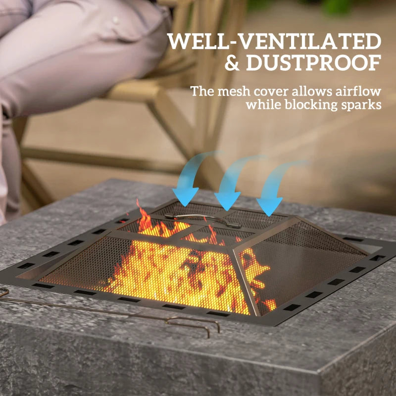 Fire Pit with Fire Poker, Wood Burning Firepit for Outside with Mesh Lid, Magnesium Oxide Stone Texture, Charcoal Grey
