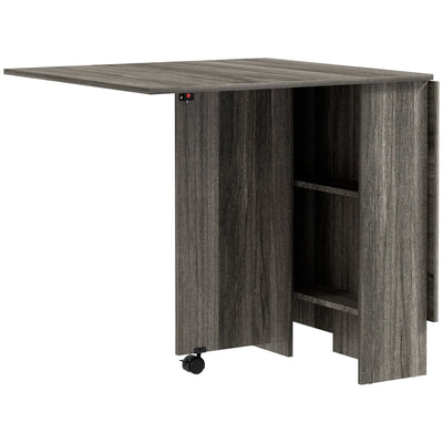 HOMCOM Extendable Dining Table, Collapsible Folding Table w/ 2-tier Shelves and Rolling Casters, Grey Wood Grain 
