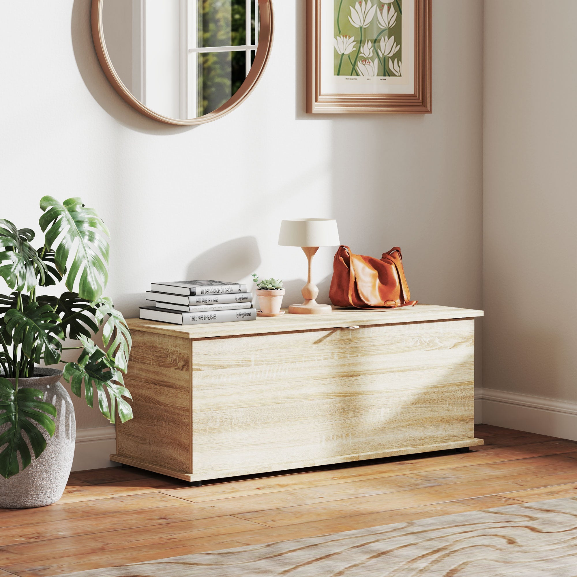 HOMCOM 39.5" Storage Chest with 2 Safety Hinges, Storage Box Organizer with Flip-Top Lid, Entryway Storage Bench, Oak 