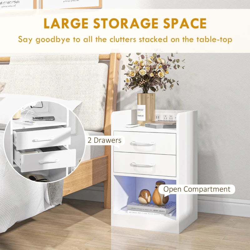 Tall Nightstand with Charging Station and LED Lights, Small Bedside Table with AC Outlets, USB Ports, 2 Drawers, Shelf