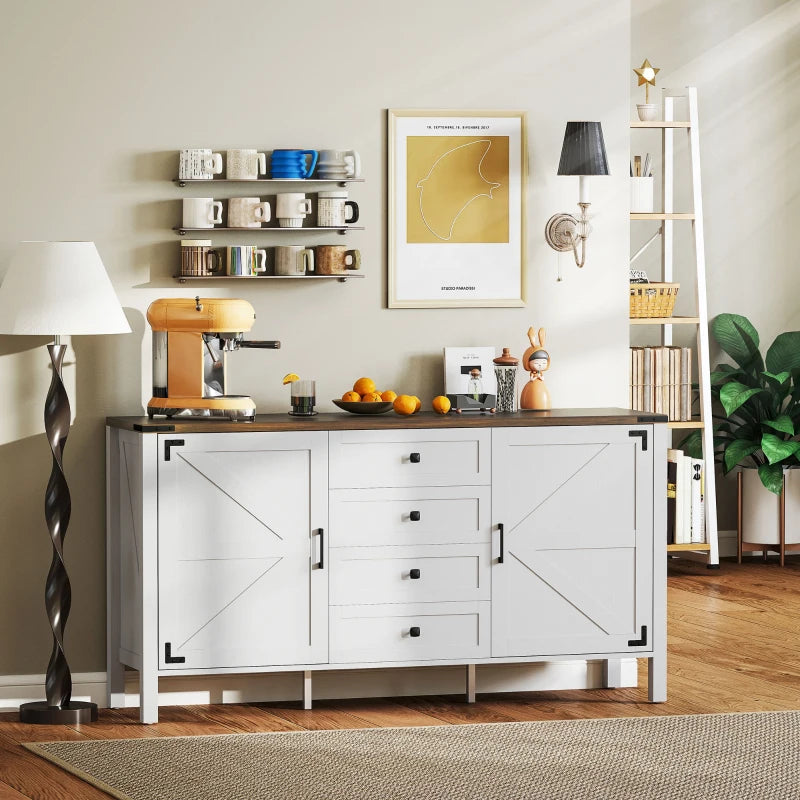59" Buffet Cabinet, Farmhouse Sideboard with Thick Top, 2 Barn Doors, 4 Drawers and 2 Adjustable Shelves, White