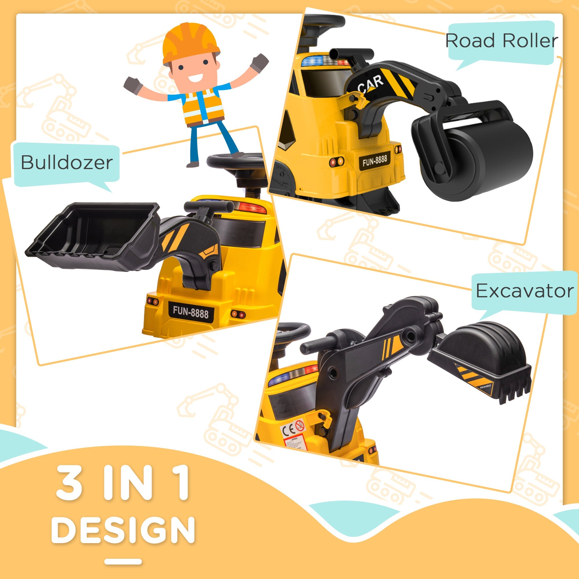 Aosom 3 in 1 Kids Ride On Excavator Bulldozer Road Roller Pretend Play Construction Toy with Music Yellow for 18-48 Months 
