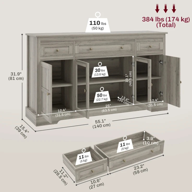 Dining Room Sideboard Buffet Cabinet with Storage, Coffee Bar Cabinet with Glass Doors and Adjustable Shelves, Weathered Grey Oak