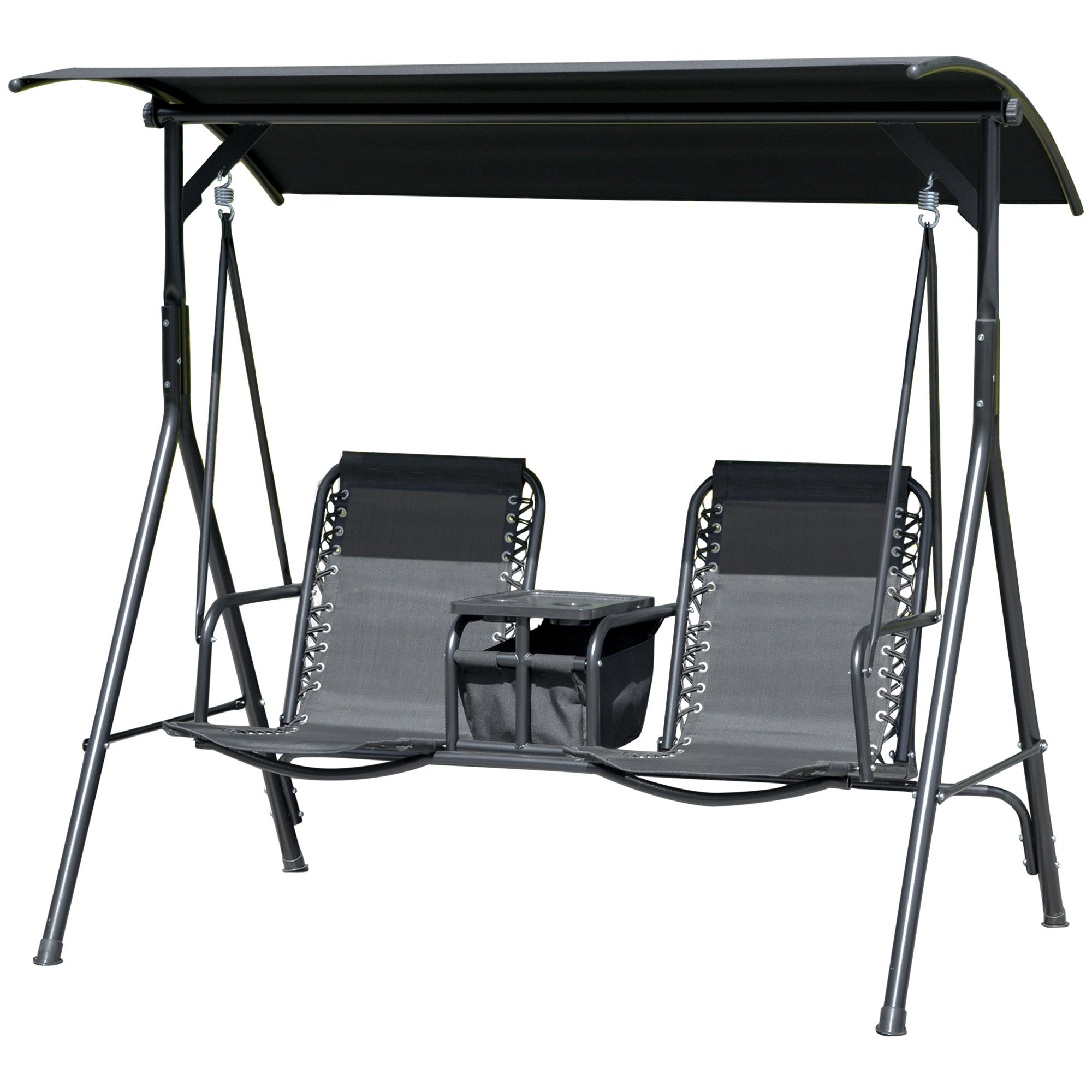 Outsunny 2 Person Covered Porch Swing Patio Swing with Pivot Storage Table, Cup Holder, & Adjustable Overhead Canopy, Black 