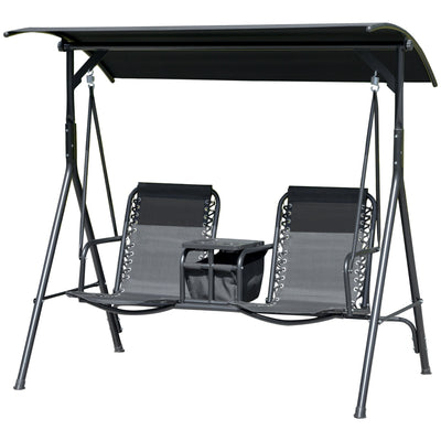 Outsunny 2 Person Covered Porch Swing Patio Swing with Pivot Storage Table, Cup Holder, & Adjustable Overhead Canopy, Black 
