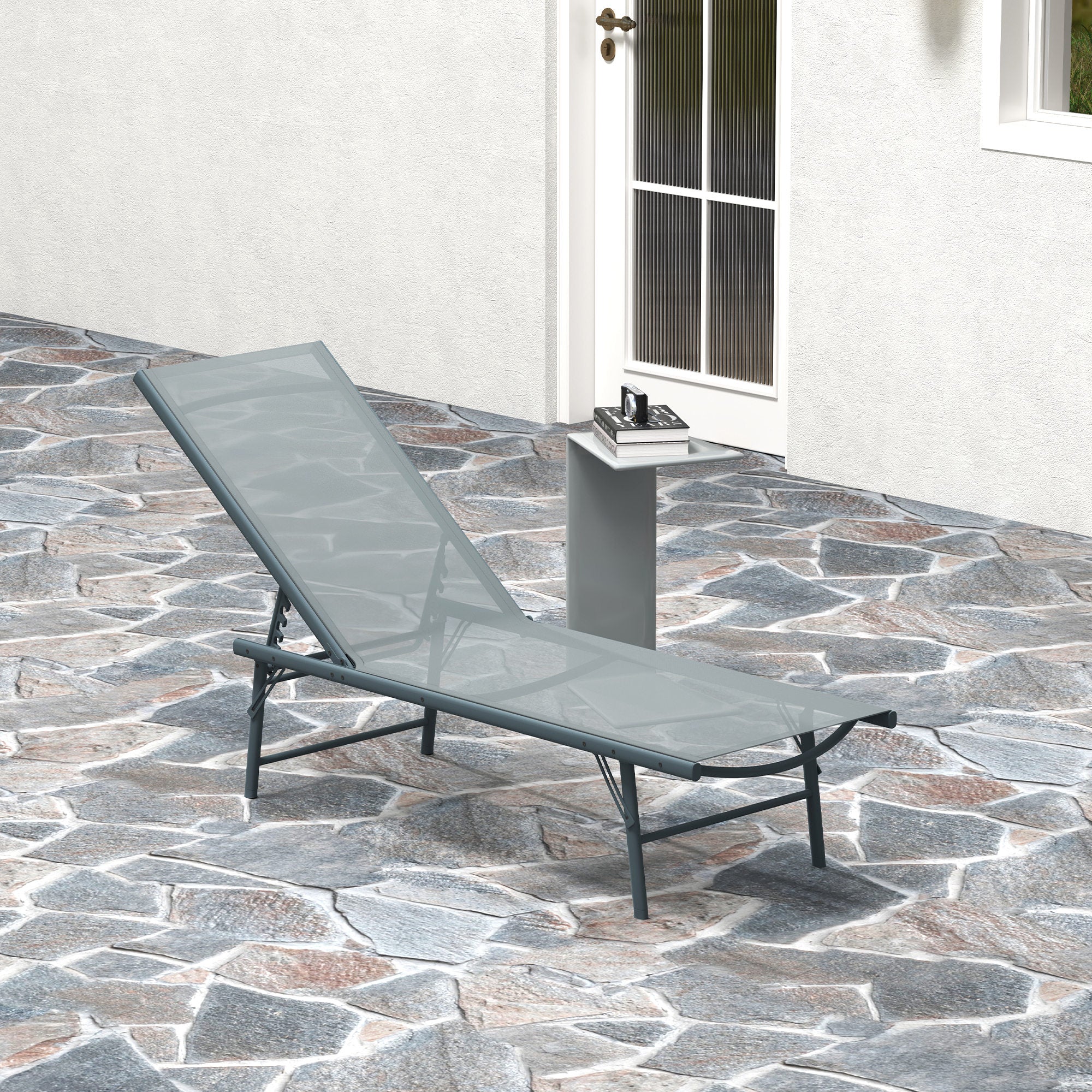 Outsunny Folding Outdoor Lounge Chair, Reclining Chaise Lounge Tanning Chair w/ Adjustable Back, Mesh Seat, Light Grey 