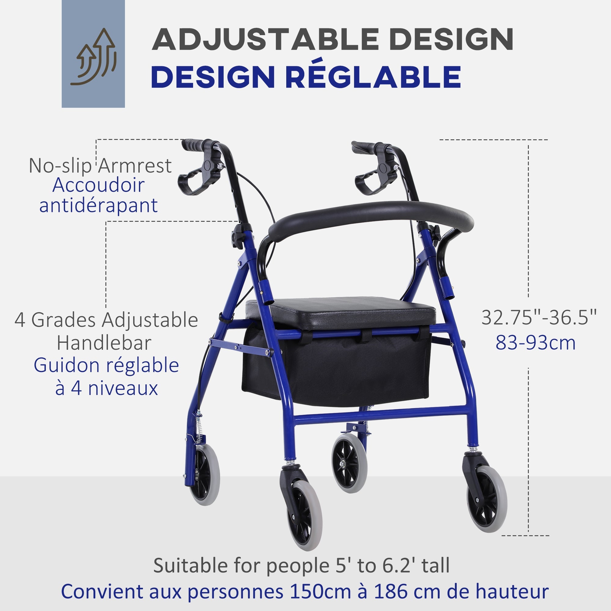 HOMCOM Adjustable Aluminum Rollator Walker: Foldable Drive Medical Wheelchair with Bag 
