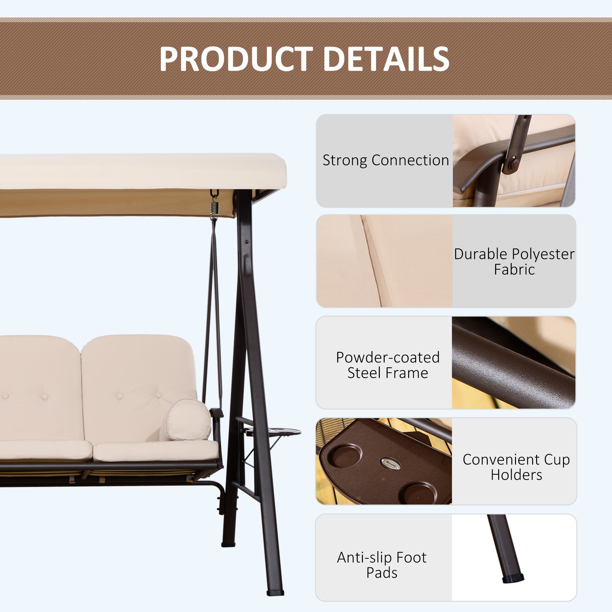 Outsunny 3 Seater Porch Swing Heavy Duty Outdoor Swing Chair Outdoor Lounge Hammock Cushioned Seat with Tilt Canopy, Beige 