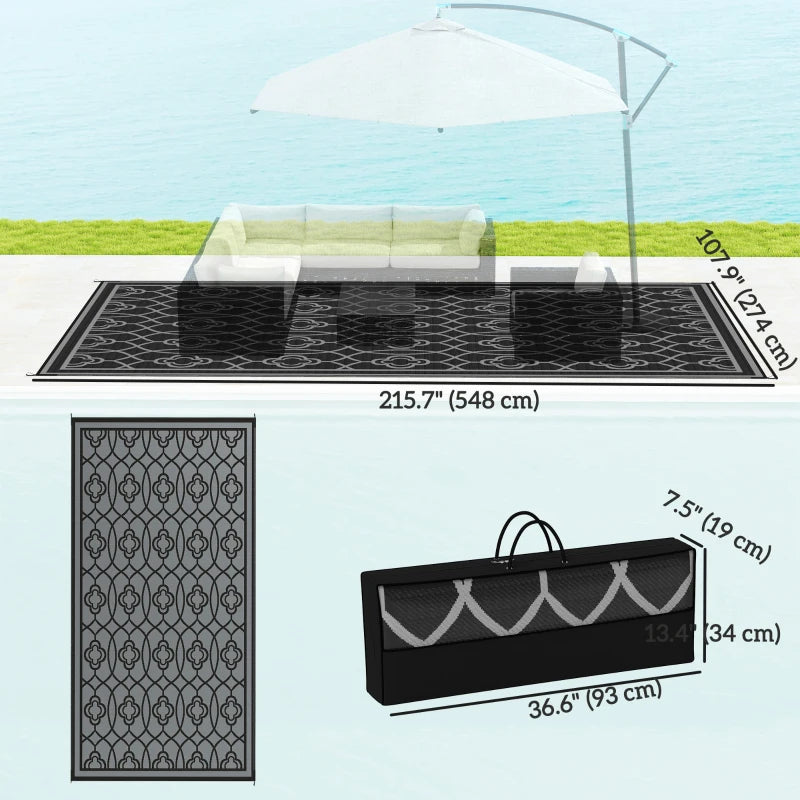 9' x 18' Outdoor RV Rug, Reversible Patio Floor Mat with Carry Bag, Lantern, Black and Grey