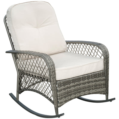 Outsunny PE Rattan Rocking Chair Outdoor Patio Wicker Recliner with Soft Cushion for Garden Backyard Porch Khaki 