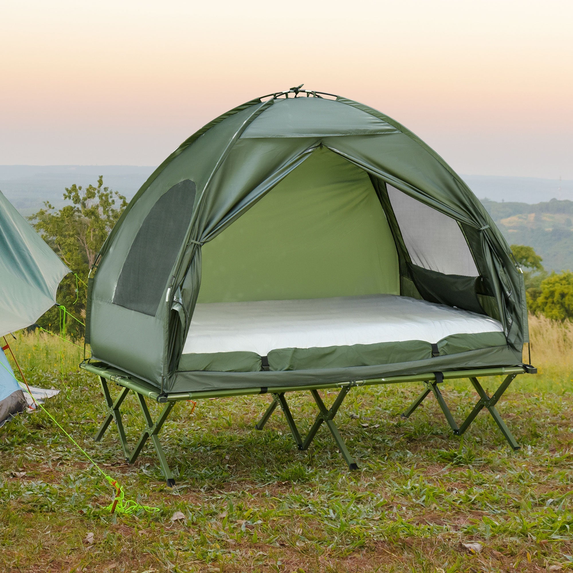 Outsunny Camping Combo Set All in 1 Portable Folding Tent Cot Air Mattress Carry Bag Pump Sleeping Shelter Dark Green 