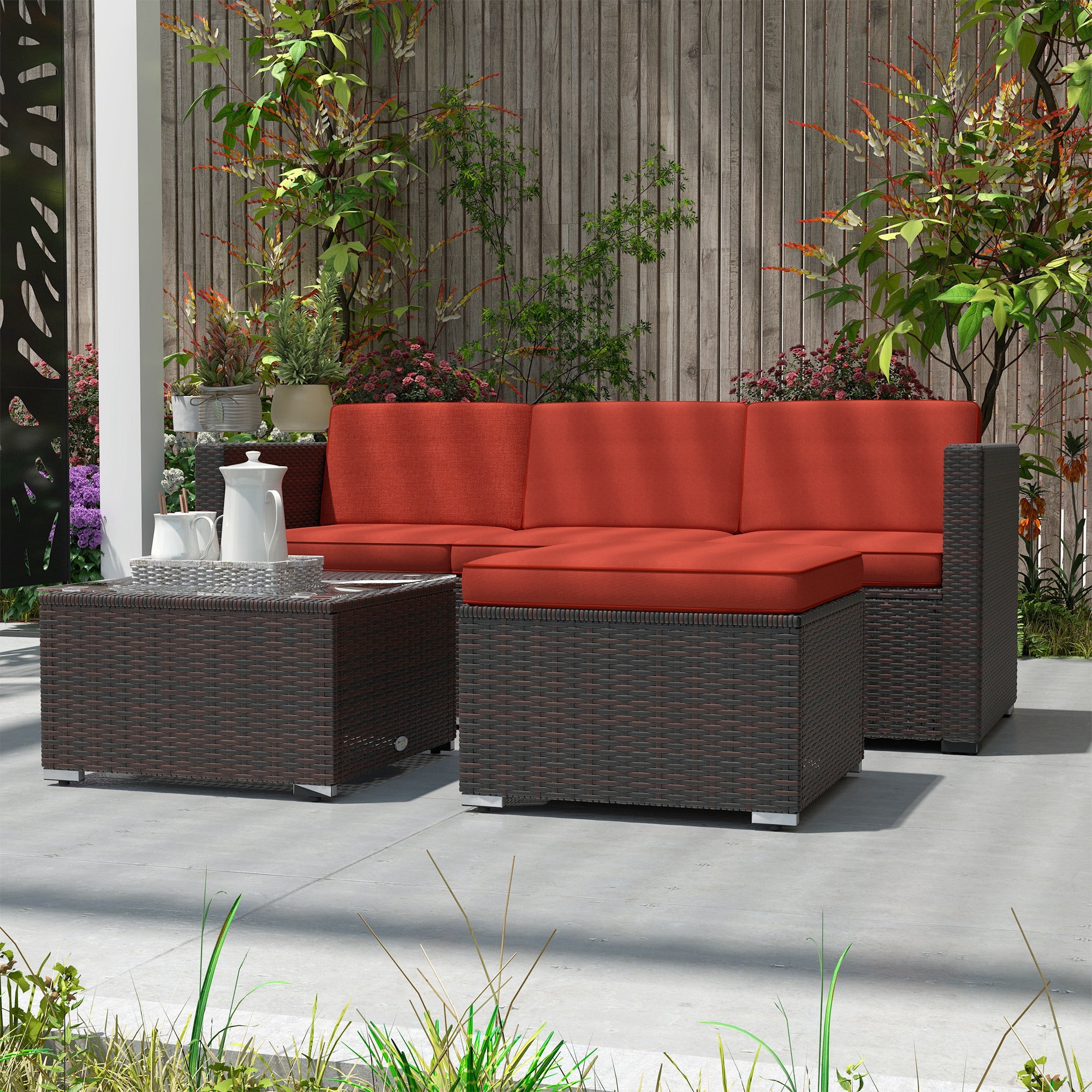 Outsunny Patio Furniture w/ Soft Cushions, Corner Sofa Sets, Red 