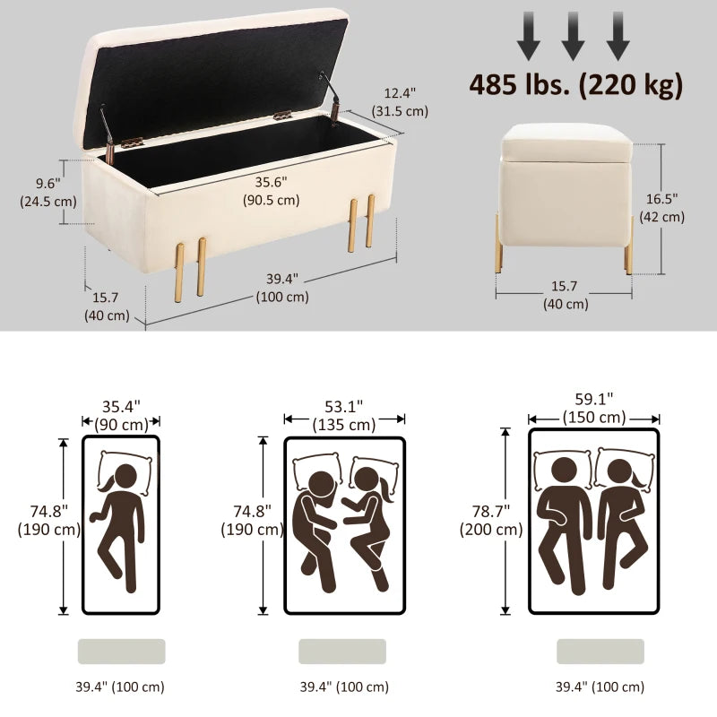 Storage Ottoman Bench, Flip-Top Bedroom Bench, 18.5 Gallons, Modern Velvet Storage Chest with Metal Legs, Beige
