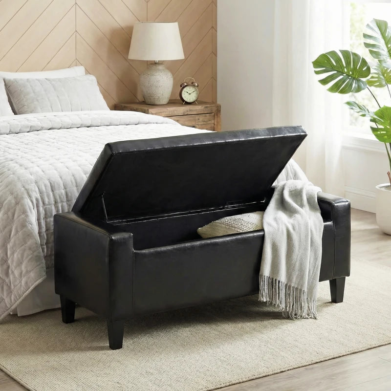 Storage Ottoman Bench, PU Leather Upholstered Bench with Tufted Design, Black
