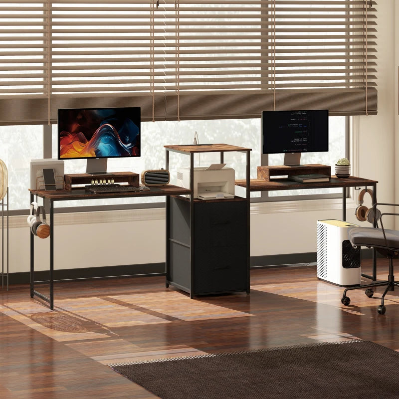 96 Inch Gaming Desk, Dual Computer Desk for 2 Person with Power Outlets and Monitor Stands, Rustic Brown