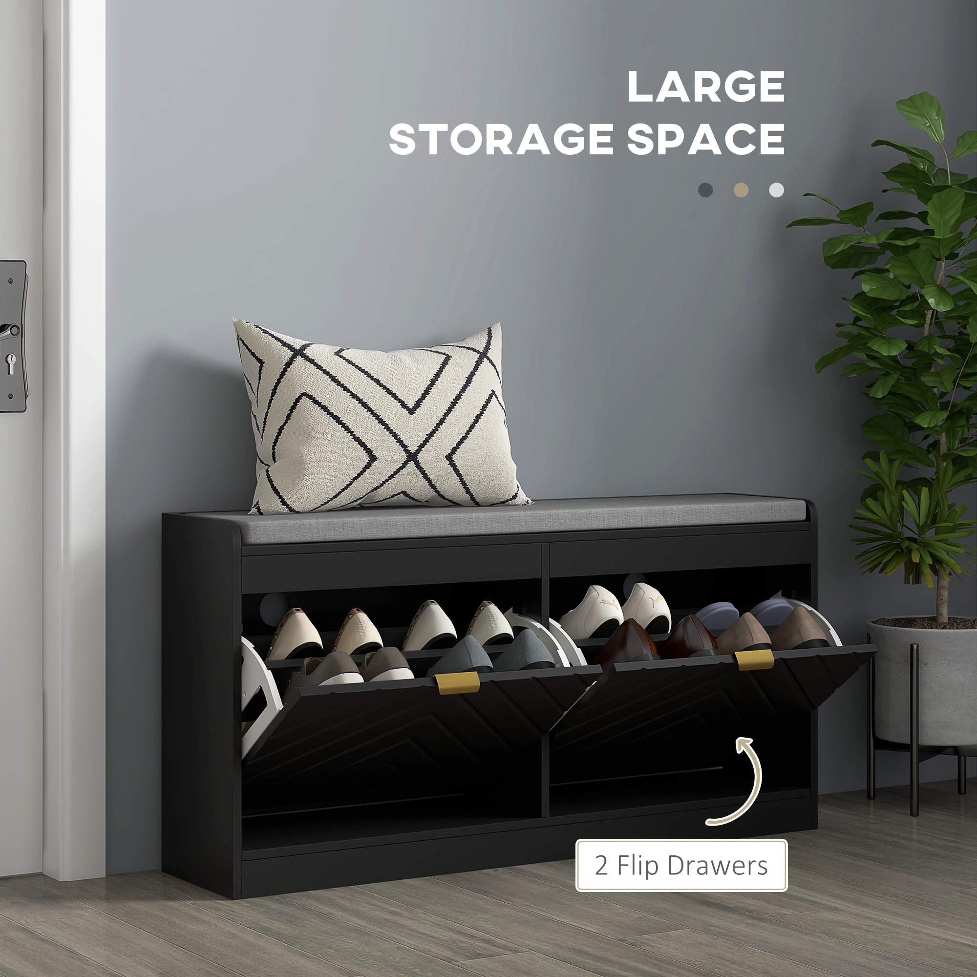 HOMCOM Shoe Storage with Seat, Upholstered Hallway Bench, Shoe Bench with 2 Flip Drawers and 2 Vents for 8 Pairs of Shoes 