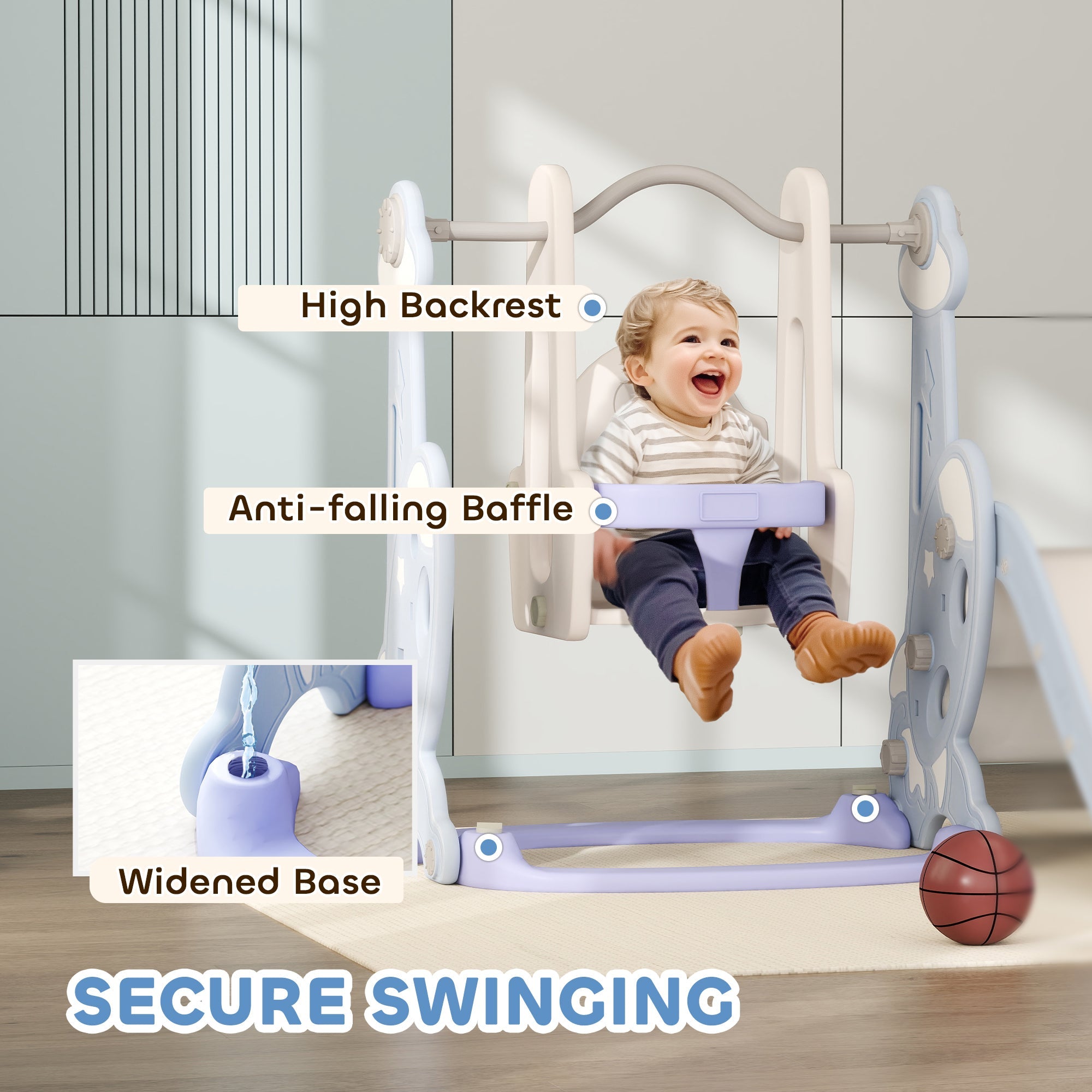 Qaba 4-in-1 Slide and Swing Set with Basketball Hoop, Climber, for Ages 1.5-4 Boys Girls Toddler, Rocket Themed, Light Blue 