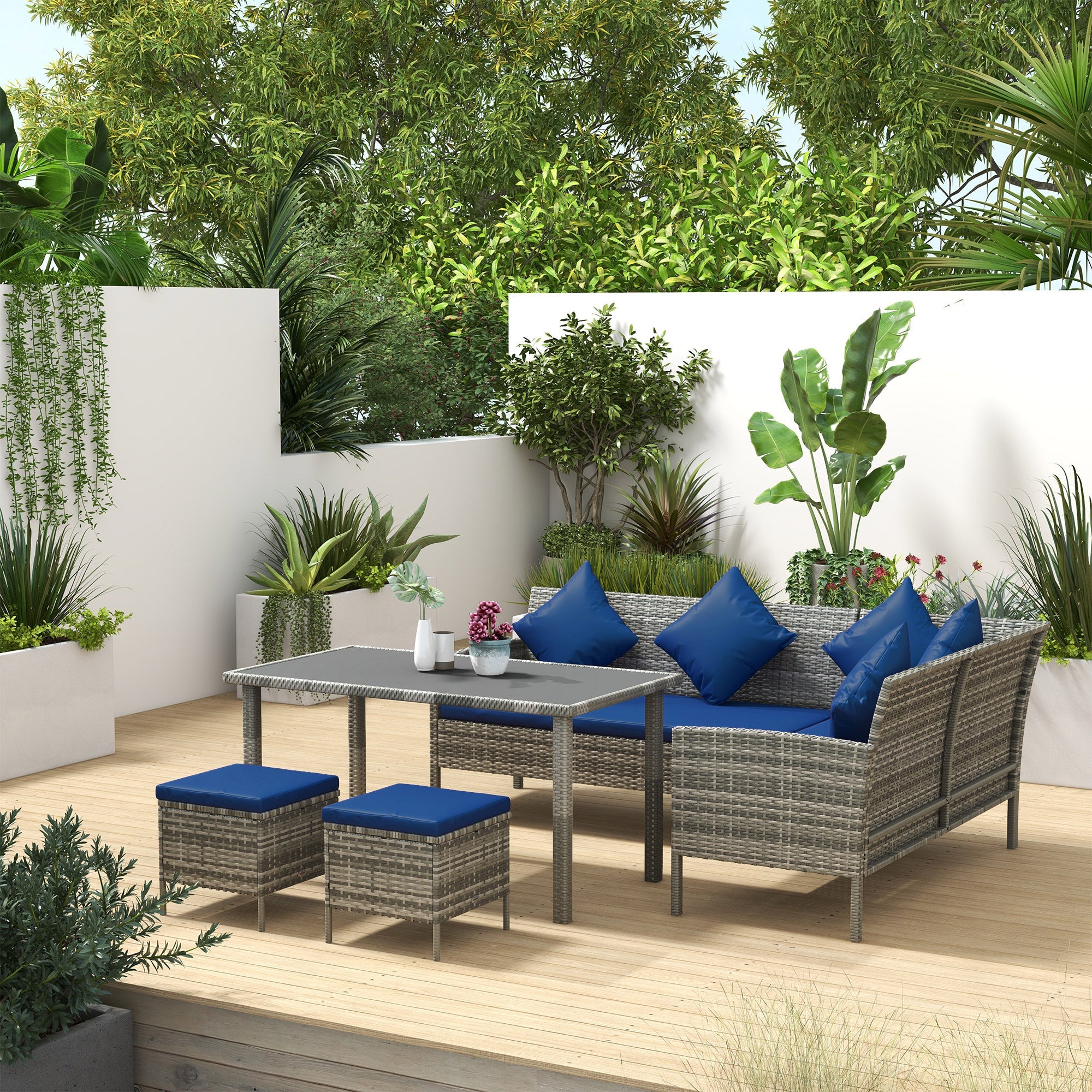 Outsunny 5-Piece Navy Blue Wicker Patio Dining Set, Outdoor Conversation Furniture with Cushions, Table, Ottomans 