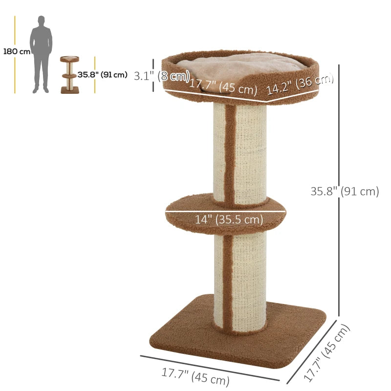 Cat Tree Kitty Tower with Sisal Mat Scratching Post, Cat Bed, Cushion, Perch, 18" x 18" x 36", Brown