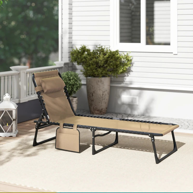 Outdoor Folding Chaise Lounge, Reclining Lounge Chair with Adjustable Backrest and Removable Pillow, Beige