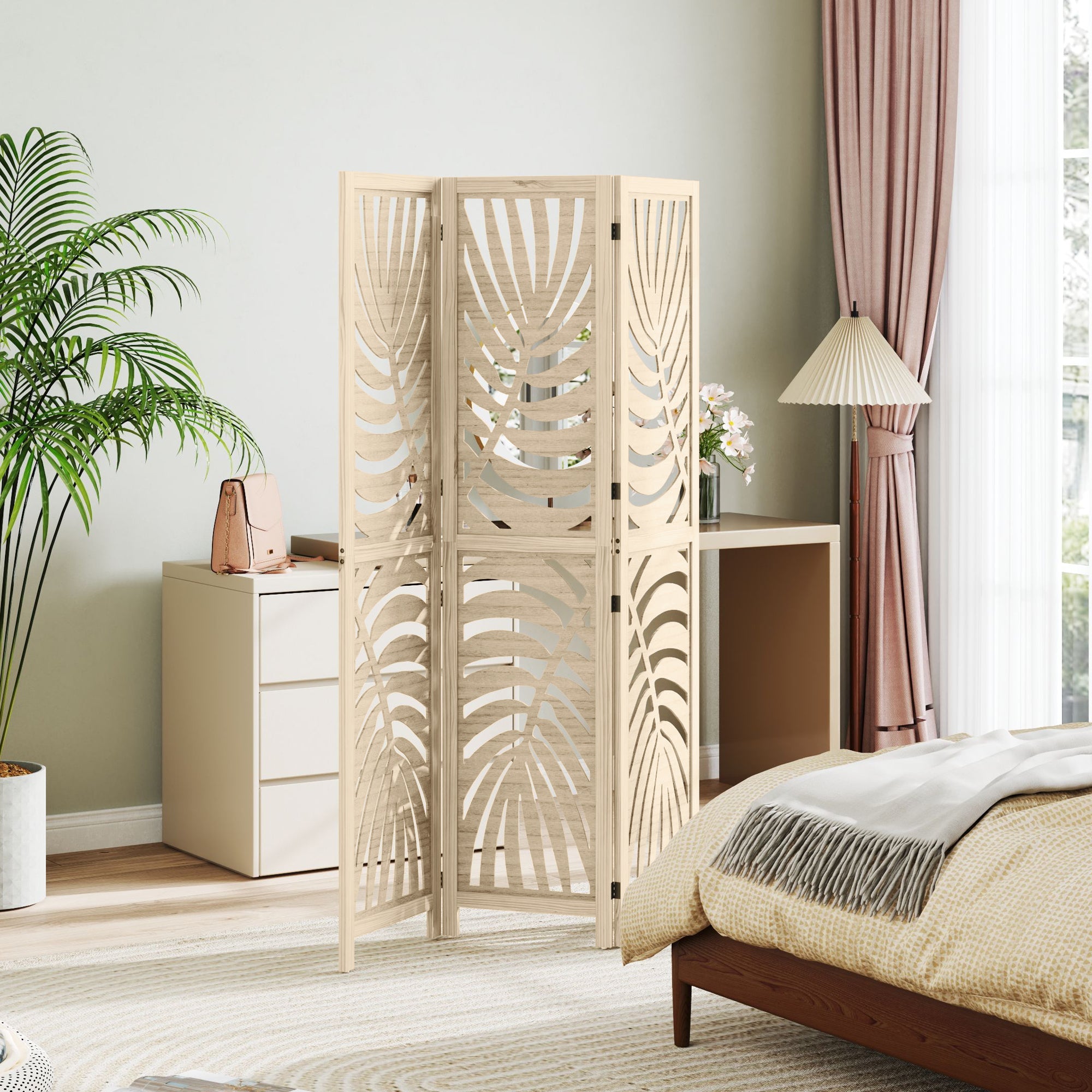 HOMCOM 3 Panel Room Divider, Detachable Folding Privacy Screens with Palm Leaf Design for Home Office, Natural Wood Finish 