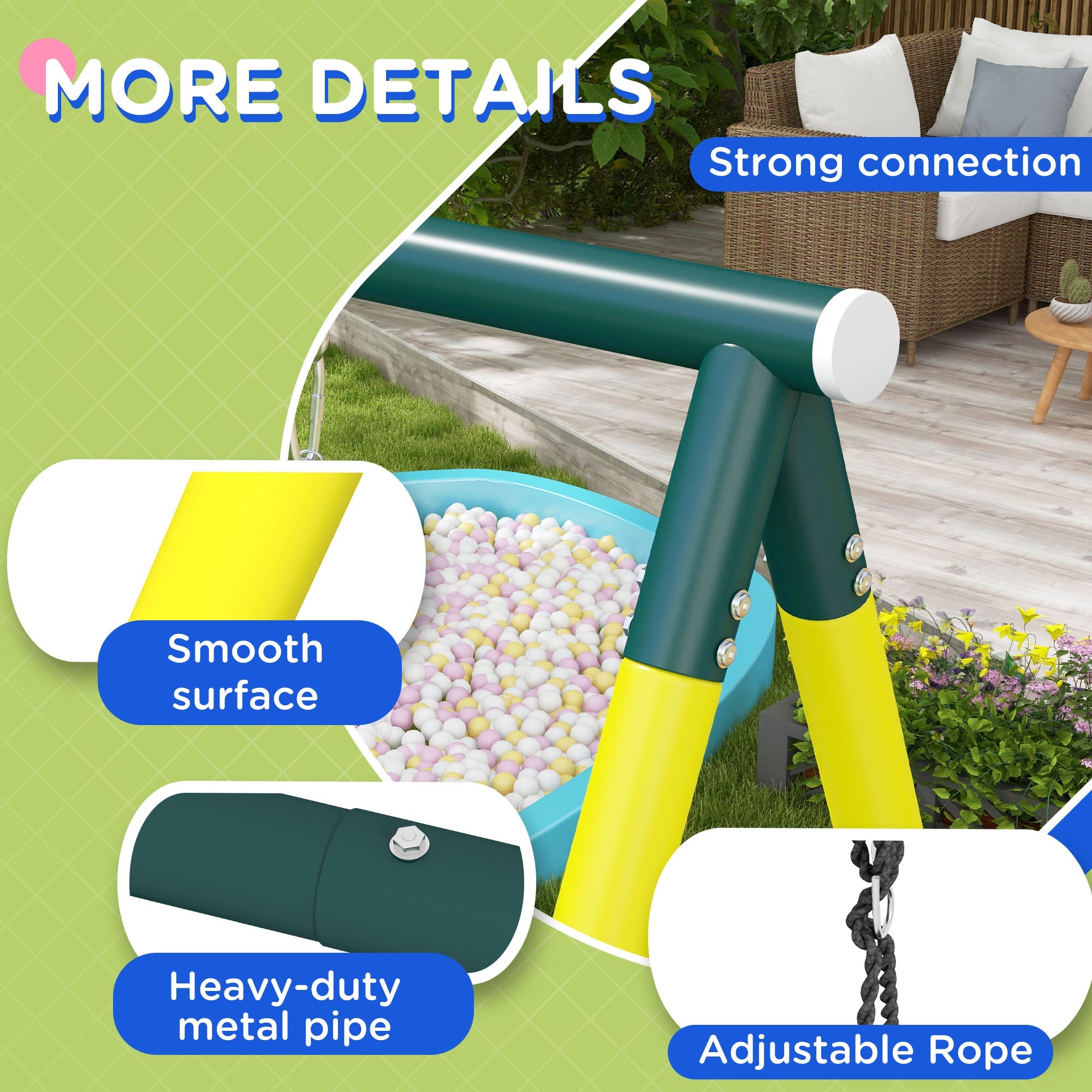 Outsunny Swing Set 4-in-1 for Kids, Saucer Swing, Seat, Climbing, Basketball Hoop, 3-8 Years, Yellow 