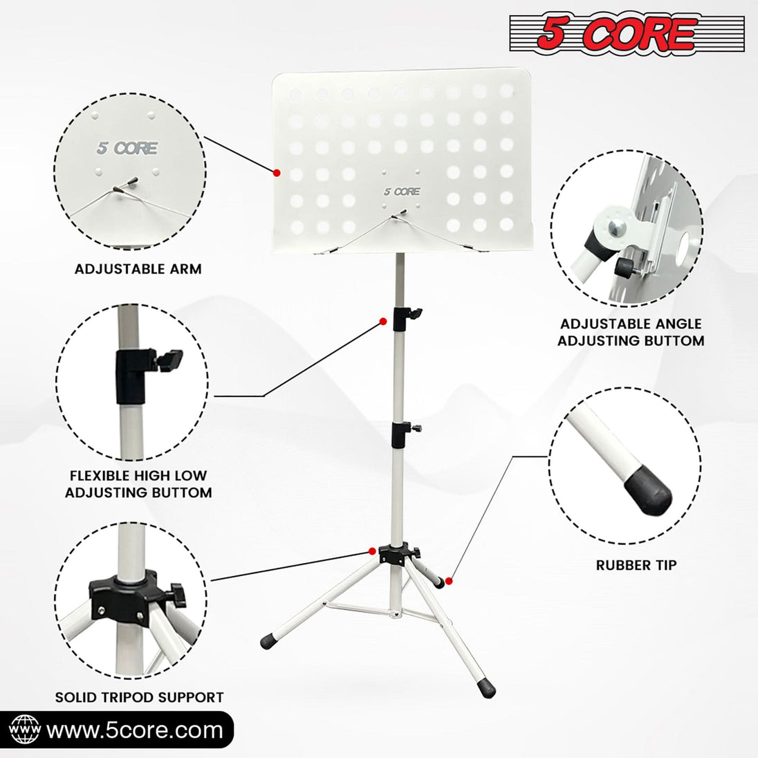 5Core Adjustable Portable Music Stand for Sheet Music Folding Tripod Note Holder White