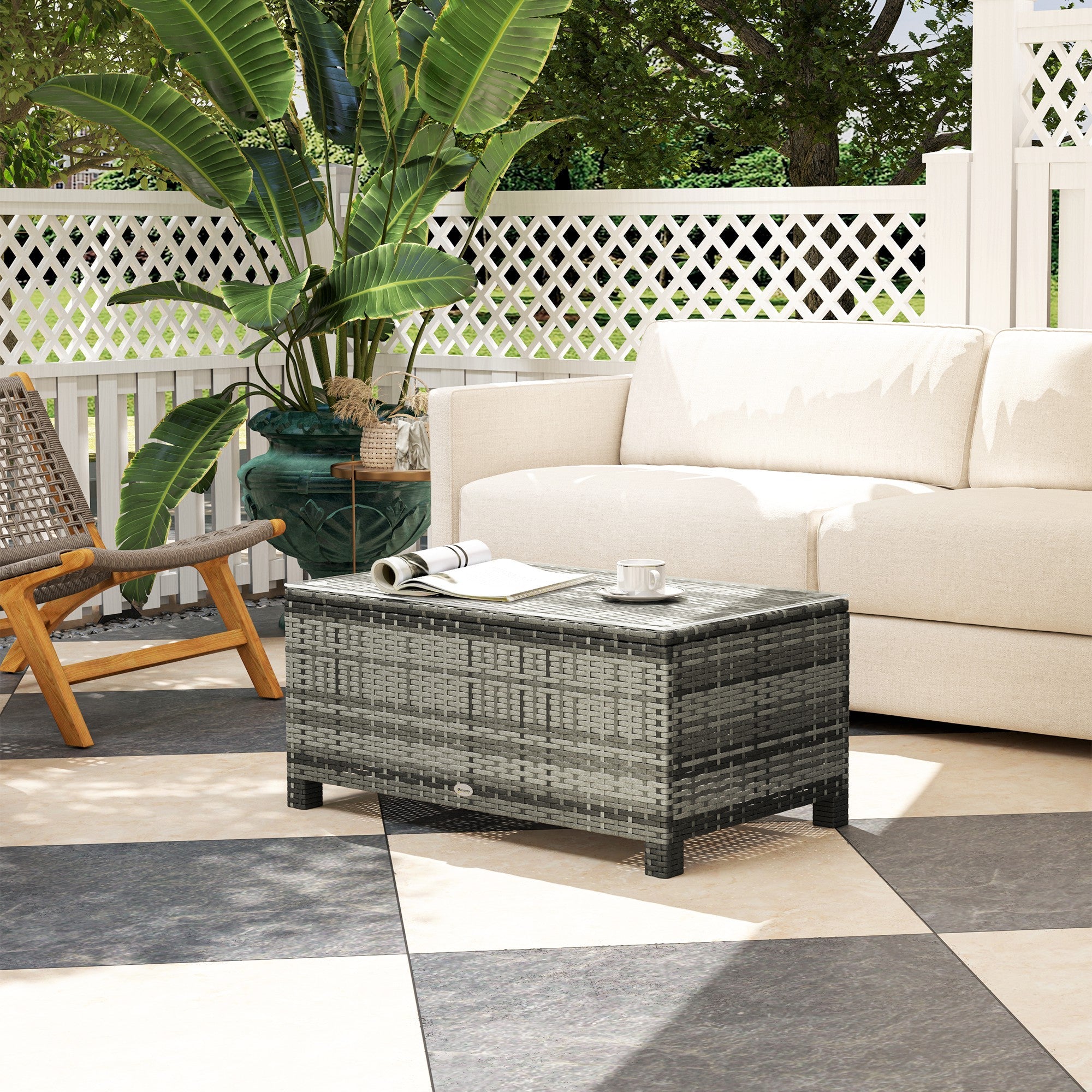 Outsunny Rattan Wicker Coffee Table with Glass Top Outdoor Garden Patio Furniture Brown Tempered 
