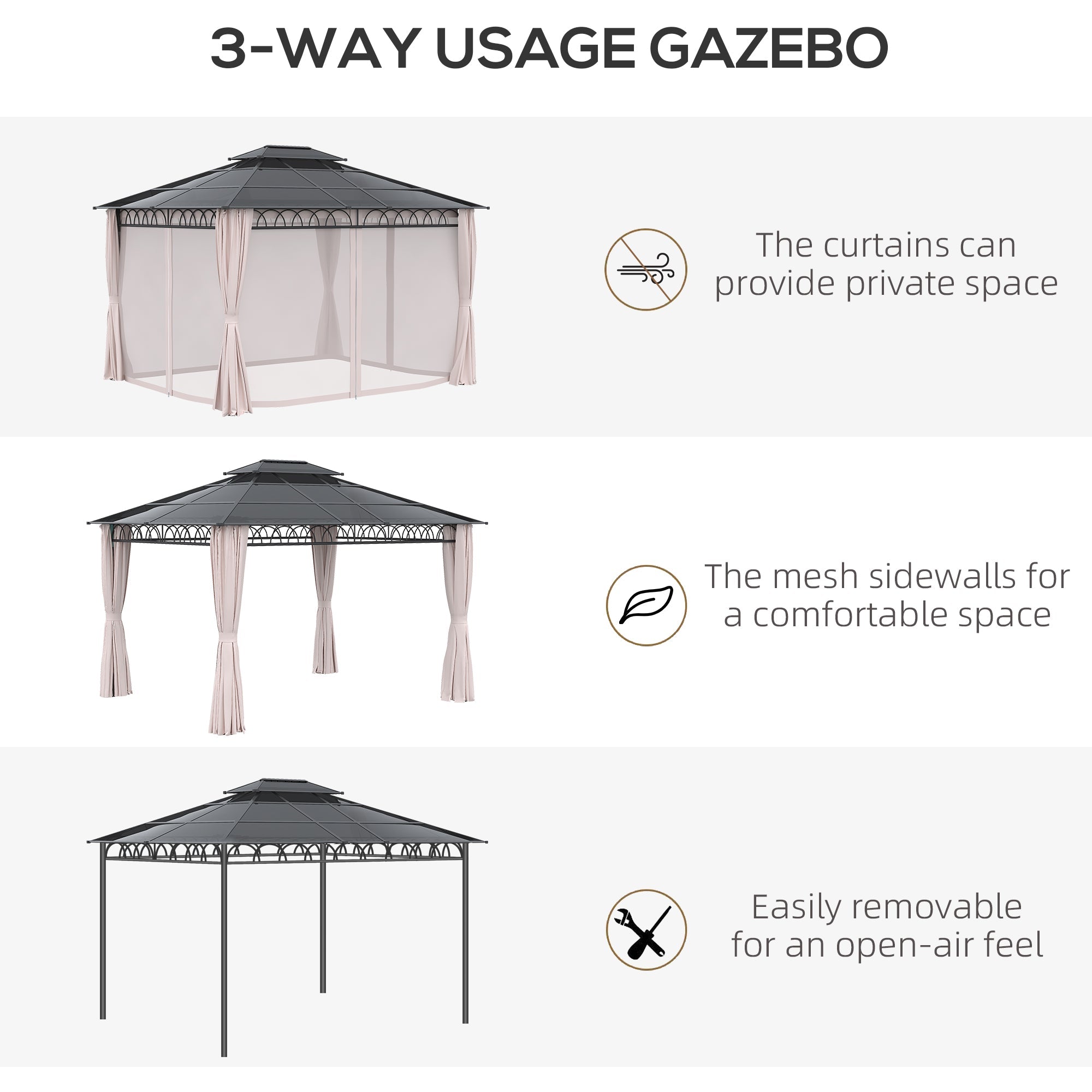 Outsunny 10' x 12' Outdoor Hardtop Gazebo Canopy w/ Double PC Roof, Steel Frame, Nettings, Curtains for Garden Lawn Deck, Khaki 