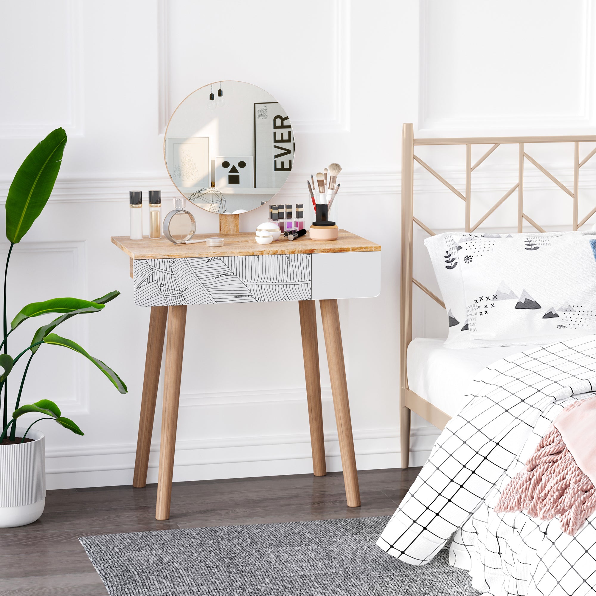 HOMCOM Dressing Makeup Desk Oak Color with Drawer and Mirror Wooden Small Elegant Durable for Bedroom 