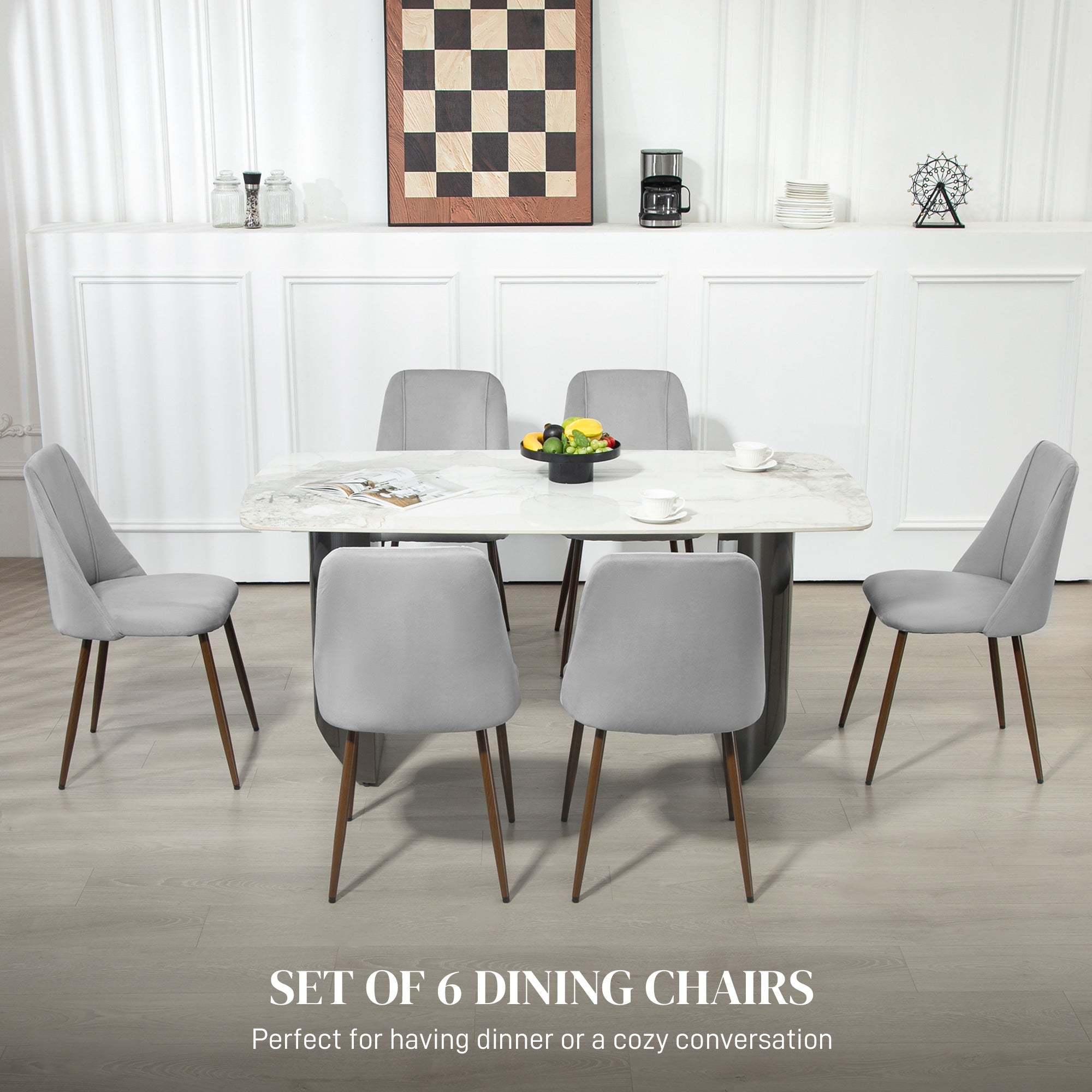 HOMCOM Upholstered Dining Chairs Set of 6, Velvet Accent Chair with Back and Wood-grain Steel Leg for Kitchen, Grey 
