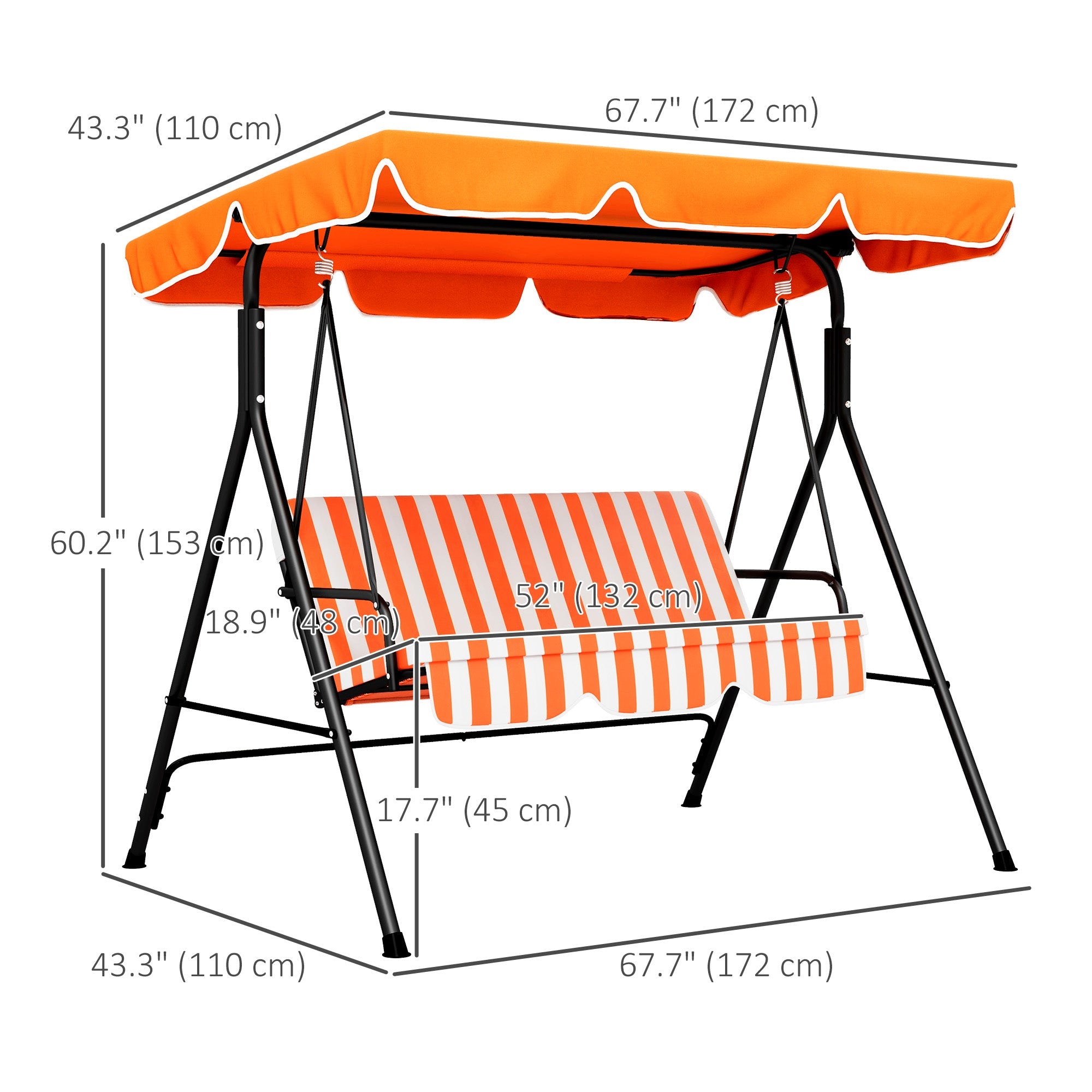 Outsunny 3-Seater Outdoor Porch Swing with Adjustable Canopy Patio Swing Chair for Garden Poolside Backyard Orange 