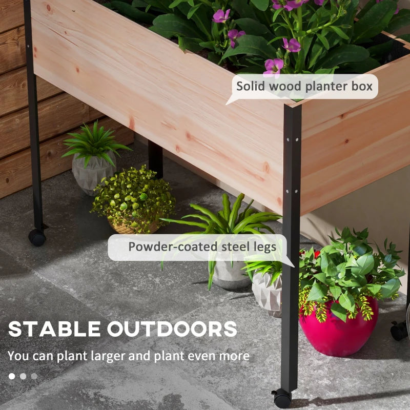 Wooden Elevated Planter Box, Raised Garden Bed with Wheels, Metal Legs, Drainage Holes and Bed Liner