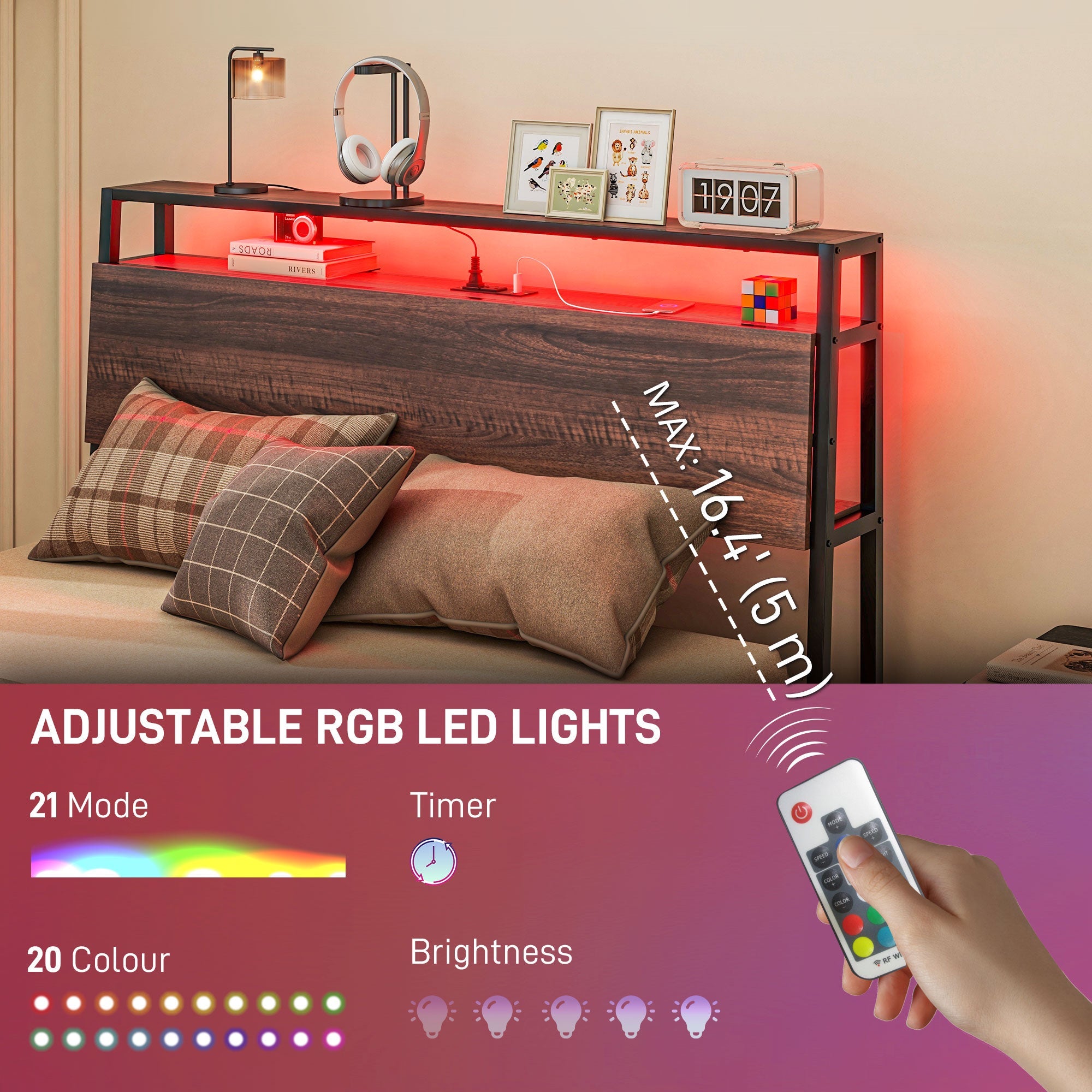 HOMCOM Full Size Bed Frame with LED Lights and Charging Station, Full Bed Frame with Storage Headboard, Noise-Free, Walnut 