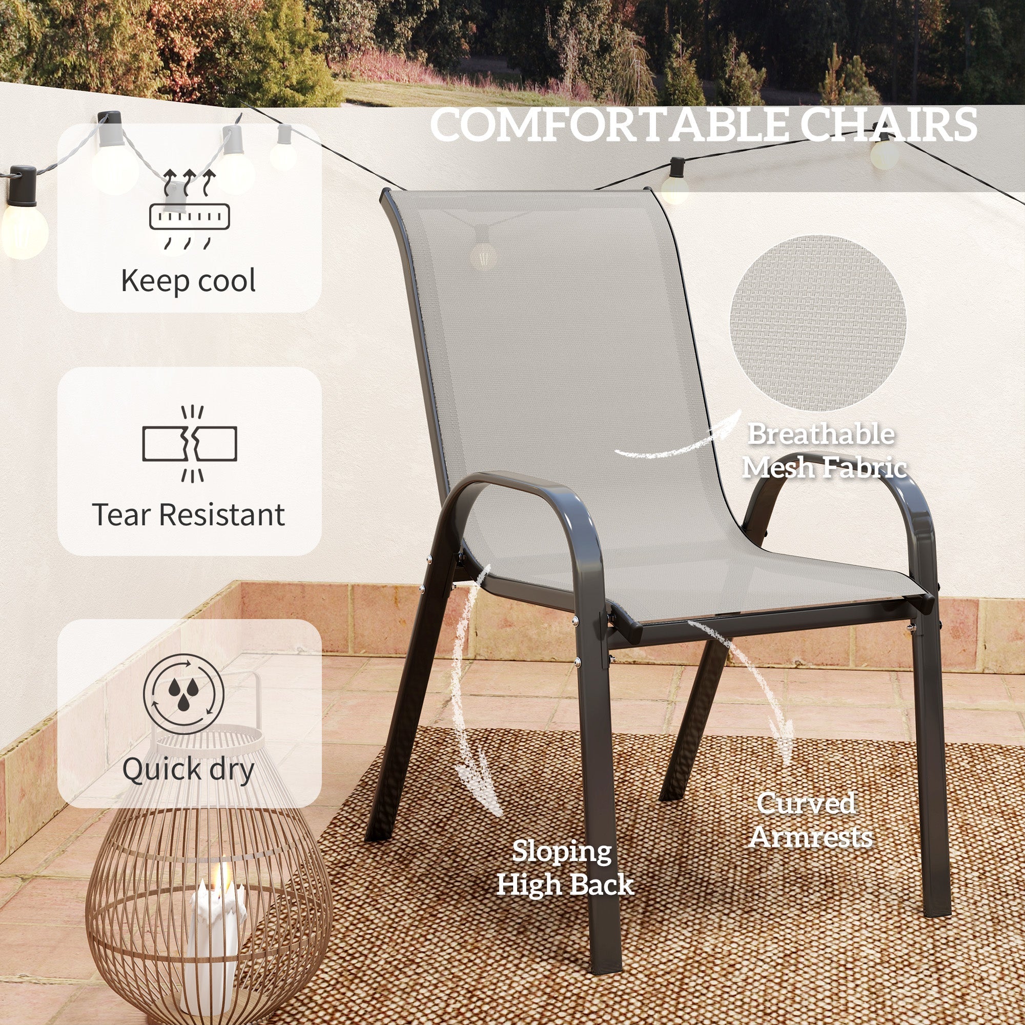 Outsunny 3 Pieces Bistro Set, Small Patio Furniture Set with Stackable Mesh Chairs, Glass Table for Garden, Balcony, Light Grey 