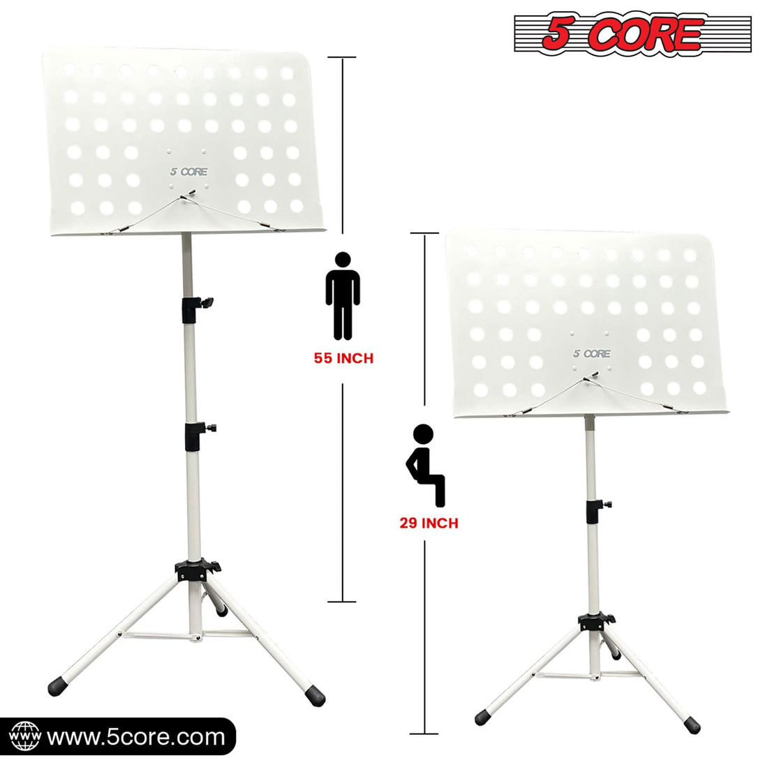 5Core Adjustable Portable Music Stand for Sheet Music Folding Tripod Note Holder White