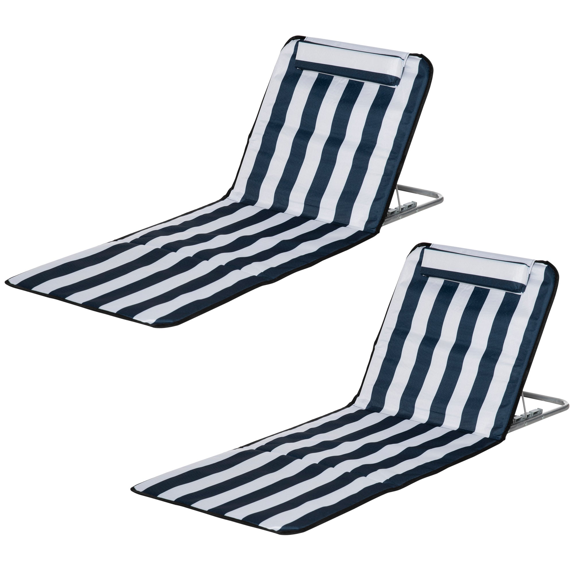 Outsunny 2 Pieces Beach Lounge Chair, Outdoor Folding Chaise Lounge Set w/ Pillow for Sunbath, Snap, Blue and White 
