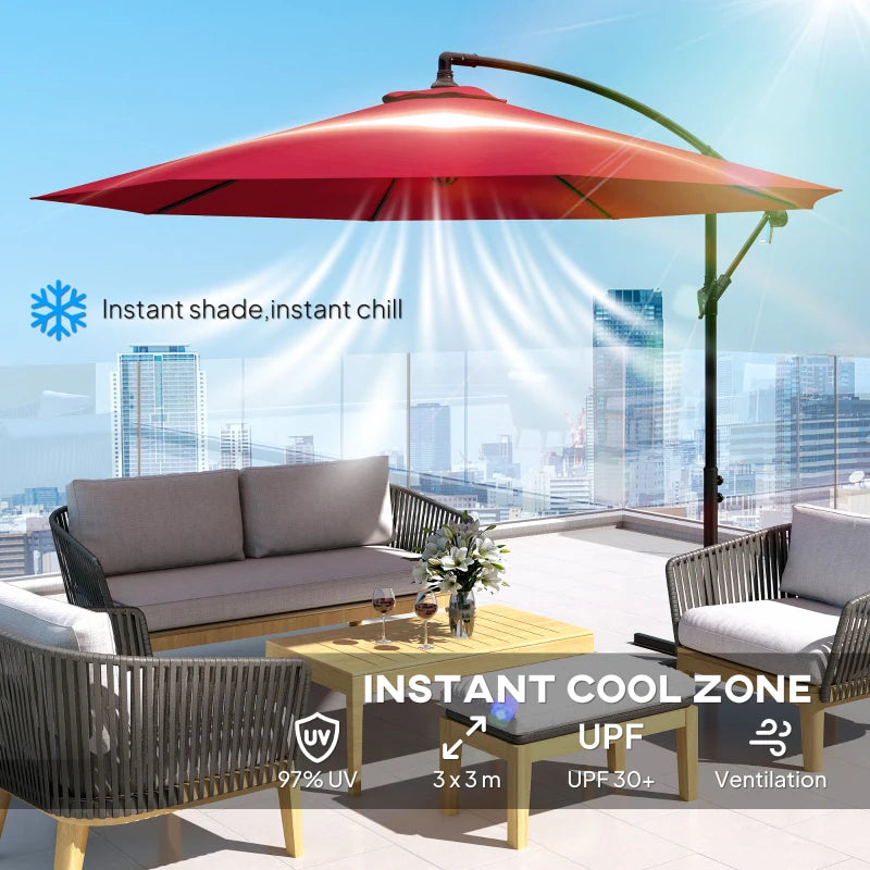 9.7ft Offset Patio UmbrellaCantilever Parasol with Crank Handle, 8 Ribs and Cross Base for Outdoor, Sun Shade, Wine Red