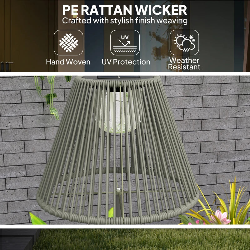 Wicker Outdoor Floor Lamp, Cordless Solar Lantern with Auto On/Off LED Lights, IP44 for Patio, Porch, Pathway, Grey