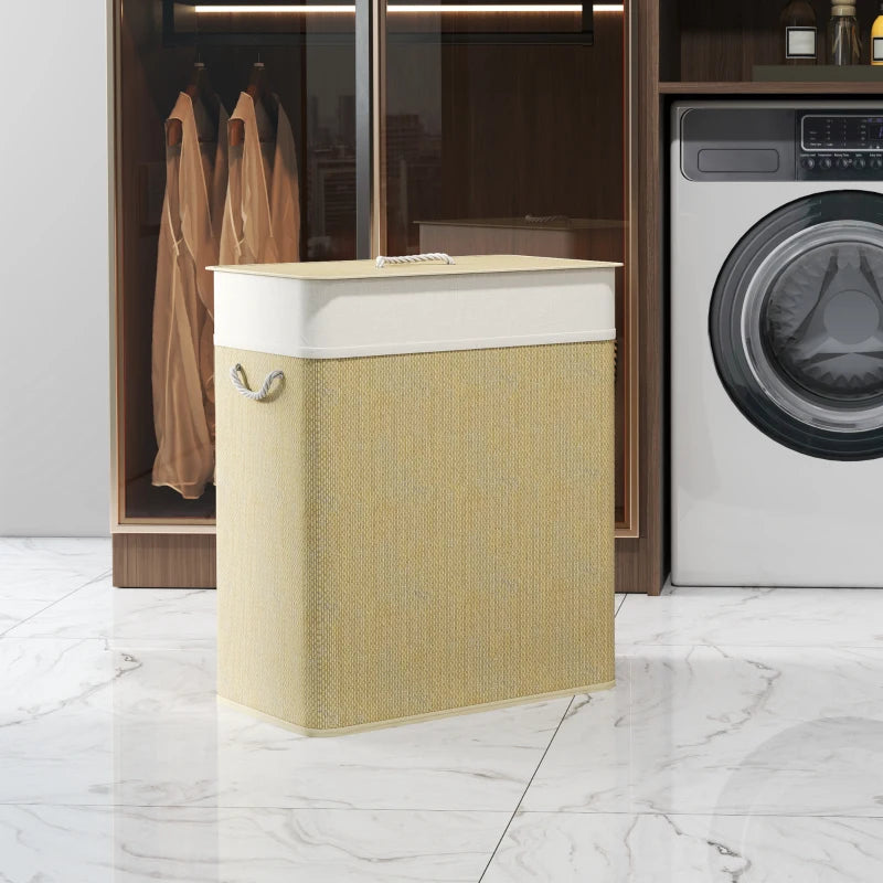 Double Laundry Basket with Lid, 100L Bamboo Laundry Hamper with Rope Handles and Removable Bags, Natural